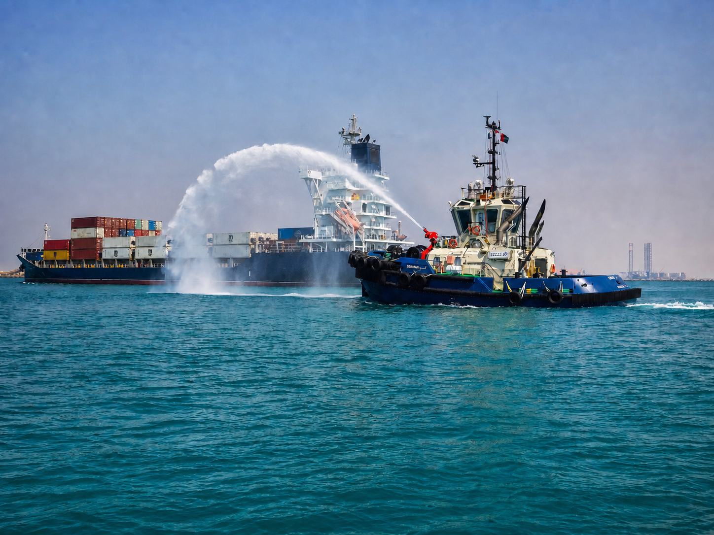 Container vessel and tugboat operating at Khalifa Port