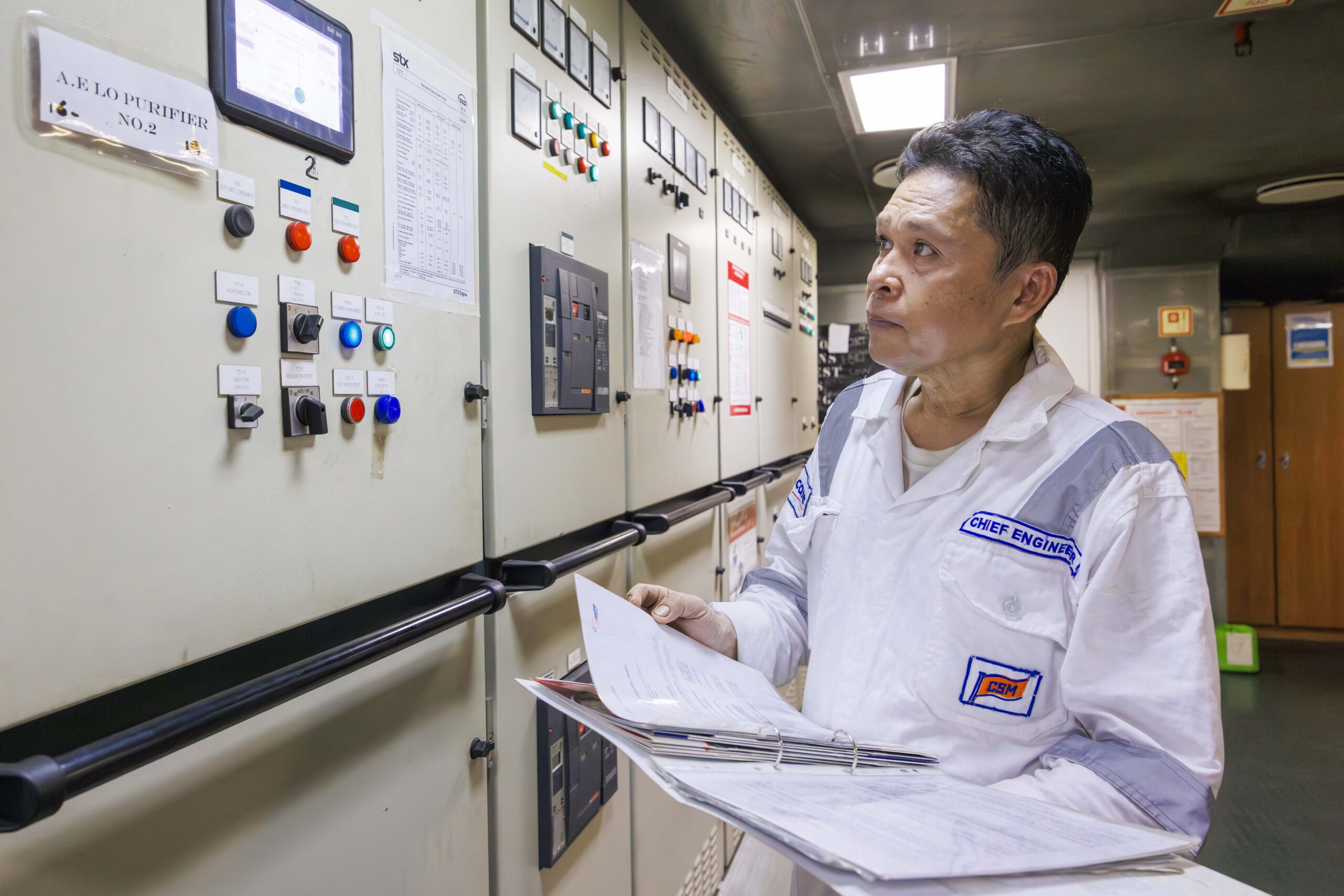 Chief engineer carrying out a ship inspection