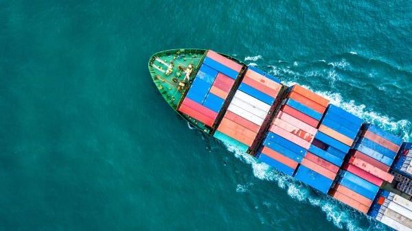 Aerial view of a container vessel underway at sea