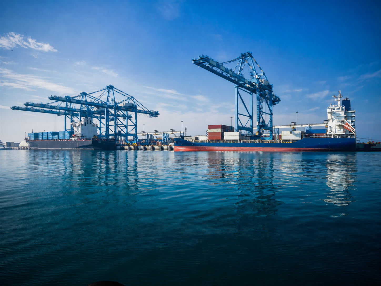 Container vessel alongside port cranes