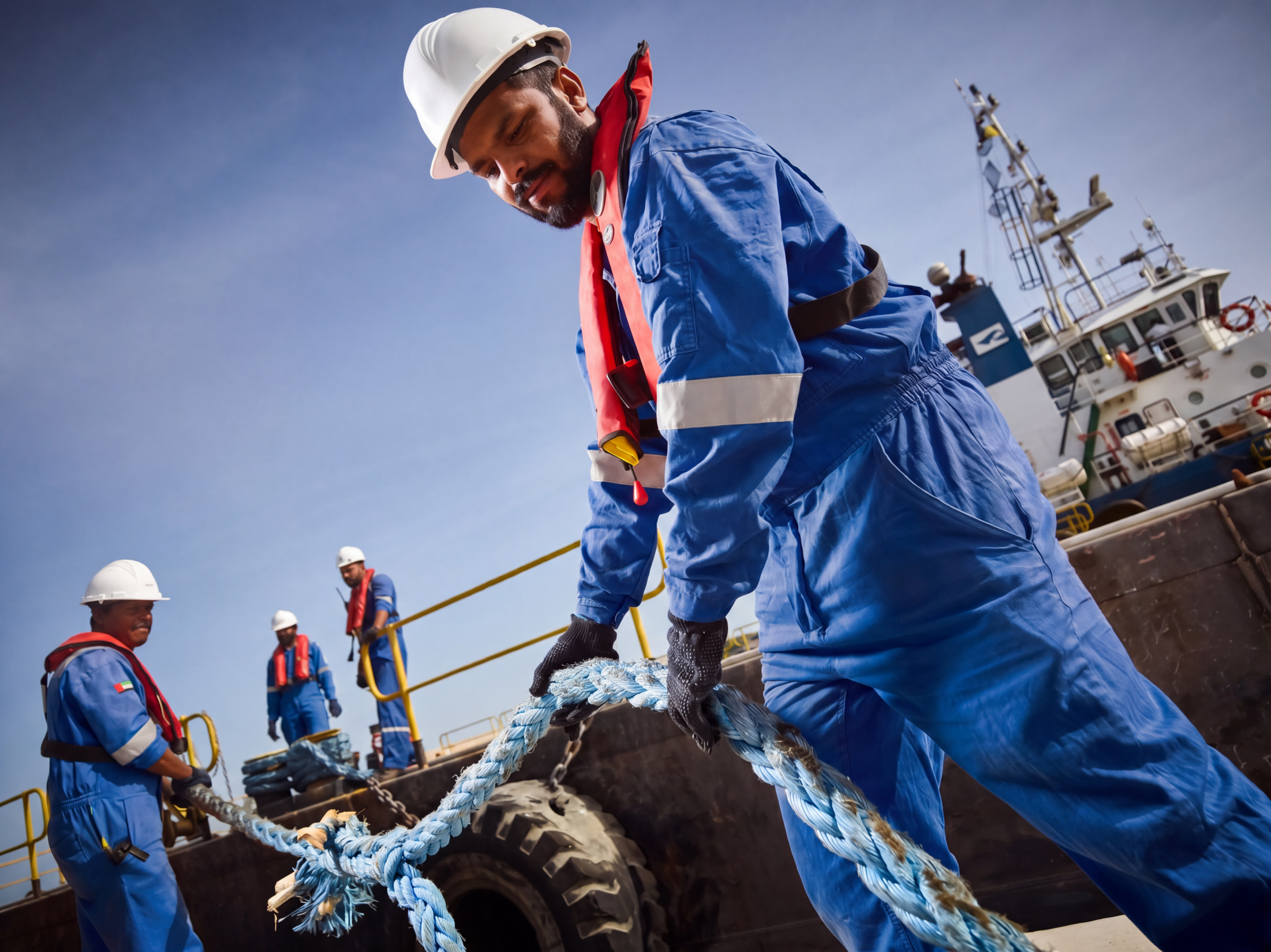Maritime crew member handling mooring equipment