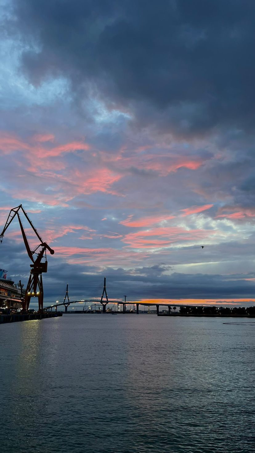 Port cranes and bridge beneath a sunset sky